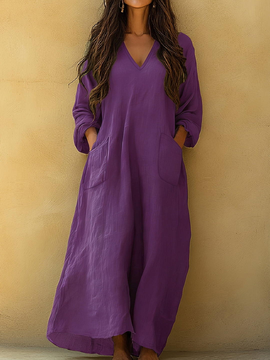 Neve™ - Solid V-Neck Long Dress