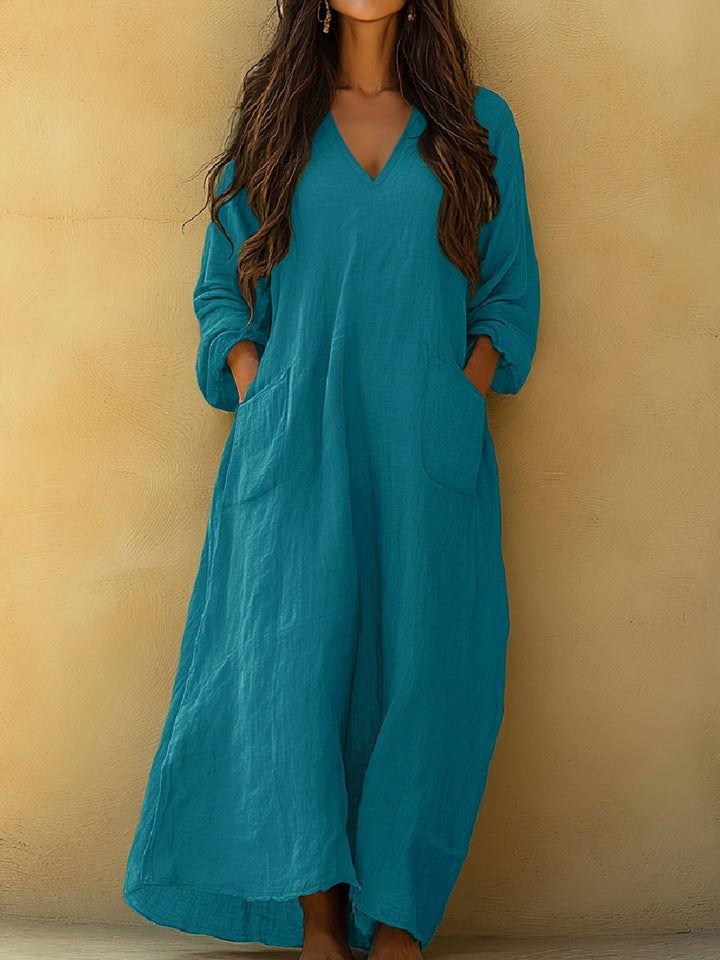 Neve™ - Solid V-Neck Long Dress