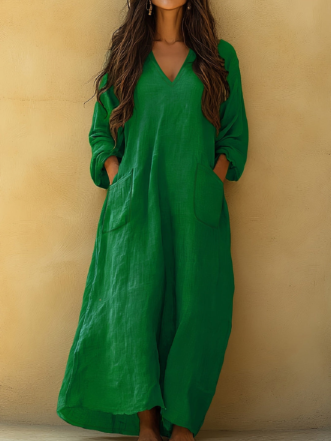 Neve™ - Solid V-Neck Long Dress