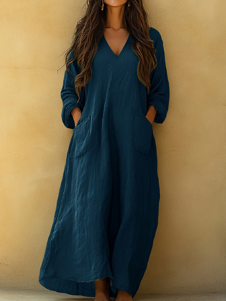 Neve™ - Solid V-Neck Long Dress