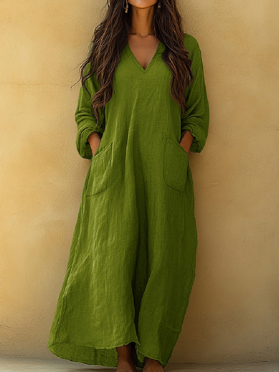 Neve™ - Solid V-Neck Long Dress